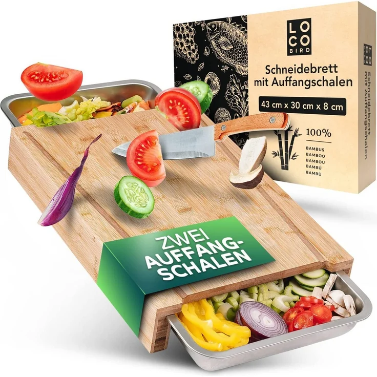 Loco Bird Schneidebrett mit Auffangschalen - 43x30x7cm groß -, Bambus, (Küchenbrett aus Bambus, 1-St, mit 2 Schalen aus Edelstahl), Ideales Küchenhelfer Gadget Set für die Küche – Bild 5