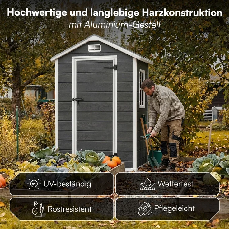 STEELSØN 'Novara' Gerätehaus Satteldach, Kunststoff, dunkelgrau mit Holzoptik, wetterfest, 202x103x134 cm, abschließbar, Gartenhaus mit Fenster – Bild 3
