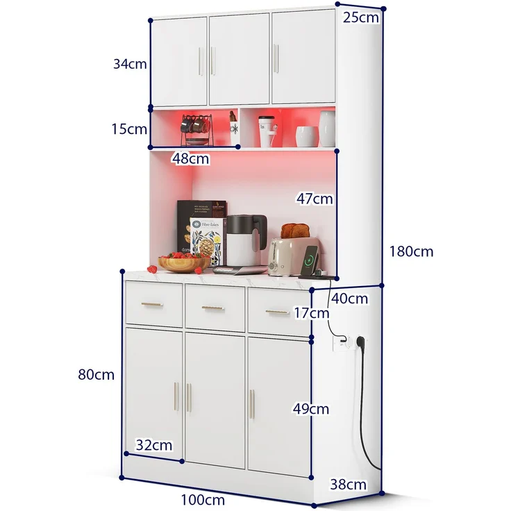 100x40x180cm, multifunktionales Buffet mit LED-Beleuchtung mit APP-Steuerung, Schubladen, verstellbaren Einlegeböden, Kabelführungslöchern und Steckdosen, ideal für Küchen und Esszimmer – Bild 8