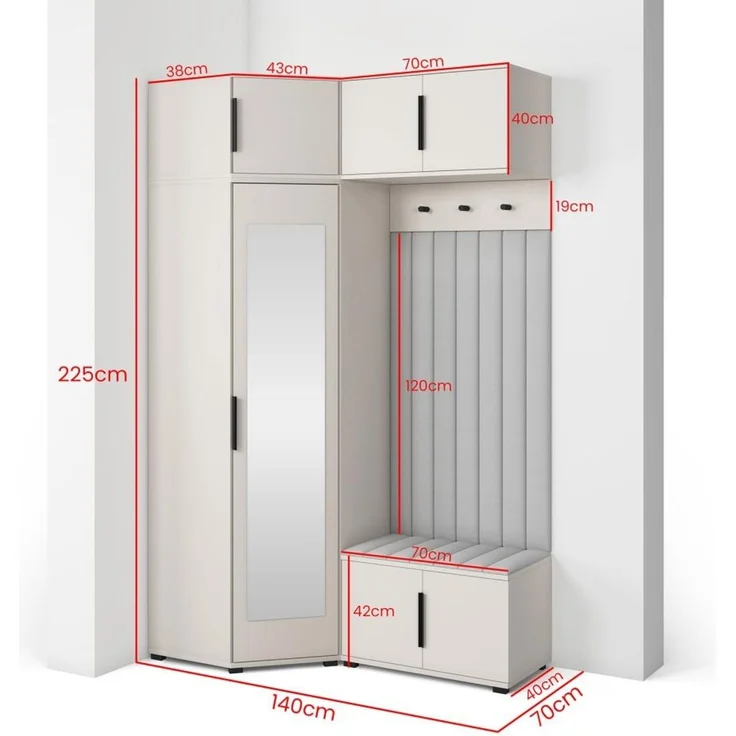 Garderoben-Set Napoli Version 23: Eckschrank mit Polsterpaneelen, Schuhschrank und Schrankaufsatz Flur und Eingangsbereich (Cashmere/Trinity 15), 229 x 70 x 140 cm – Bild 2