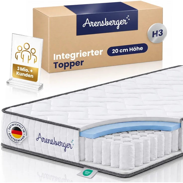 Arensberger JANA Federkernmatratze - 20cm Höhe - Matratze mit Gelschaum Schicht - H3 Mittelfest – 7 Zonen - Federkern - Liegekomfort 100x200cm