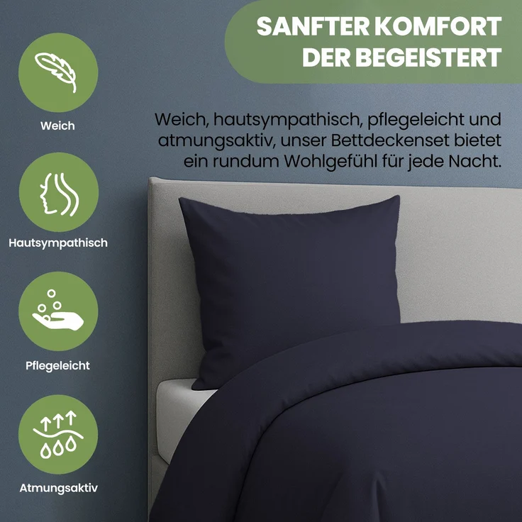 Bettwäsche 2tlg 135x200cm Microfaser mit Reißverschluss atmungsaktiv Navy Blau – Bild 4