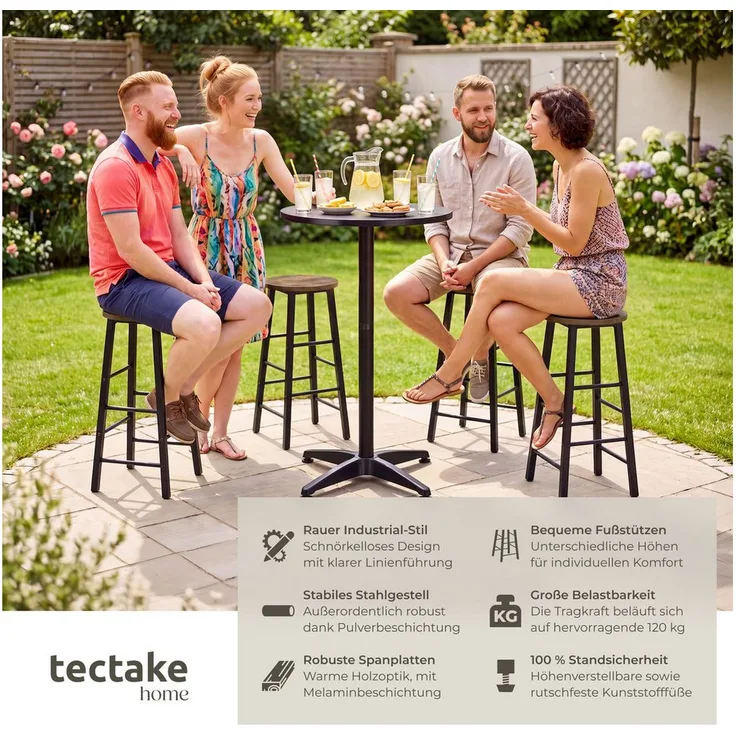 tectake Bistrohocker Keynes, Barhocker mit Fußstützen, Sitzhöhe 72,5 cm, Industrial Holz dunkel, rustikal, höhenverstellbare Kunststofffüße