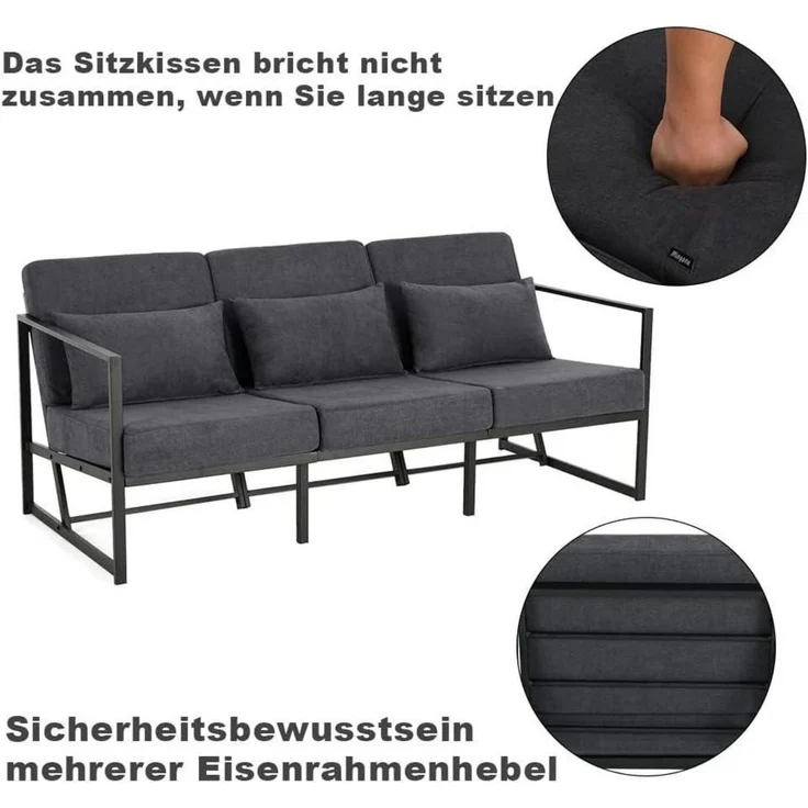 Sofa Loungesofa Armlehnen Eisenbeine Wohnzimmer 3 Sitze Dunkelgrau – Bild 5