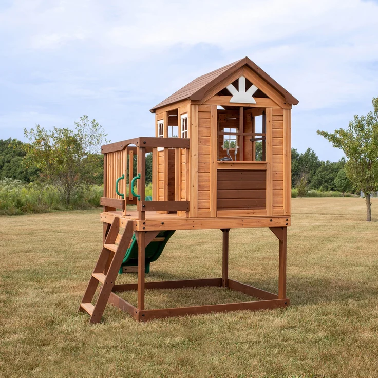 Backyard Discovery Spielhaus Echo Heights mit grüner Rutsche, Sandkasten & Veranda Stelzenhaus in Braun aus Holz für Kinder | Braun, grün | Holz | 310 cm – Bild 3