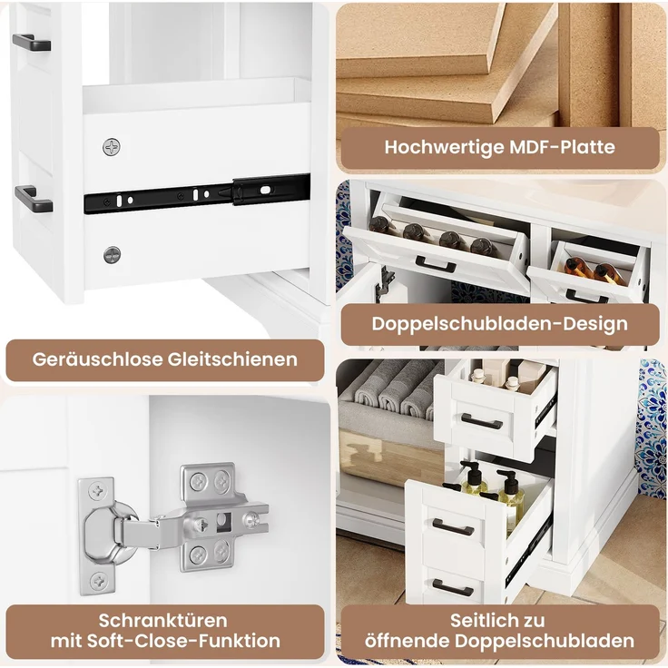 76 x 47 x 82 cm; bodenstehender Waschtischunterschrank; lackierte Oberfläche; Türen mit Soft-Close-Funktion; zweistufiger seitlicher Auszug; integriertes Keramikwaschbecken; Türregal; Weiß. – Bild 8