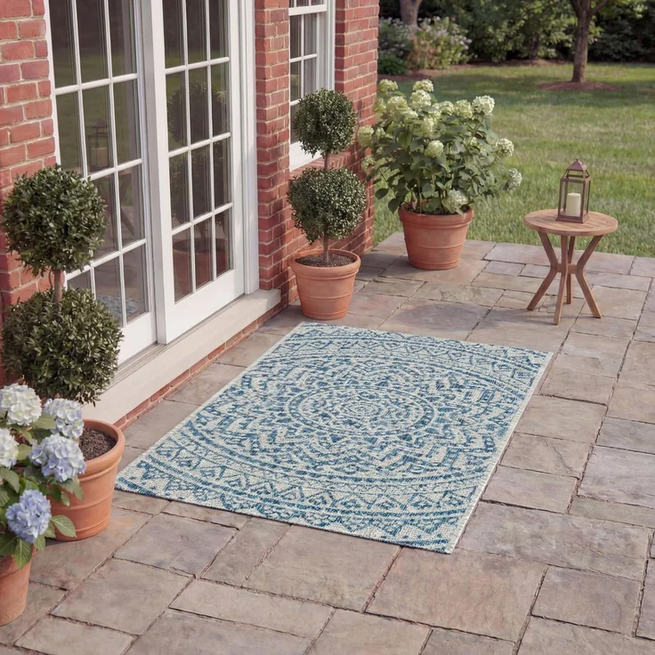Safavieh Zeitgenössische Teppich für Innen - & Außenbereich - Courtyard Collection, Kurzer Flor, Hellgrau und Blau, 69 X 152 cm