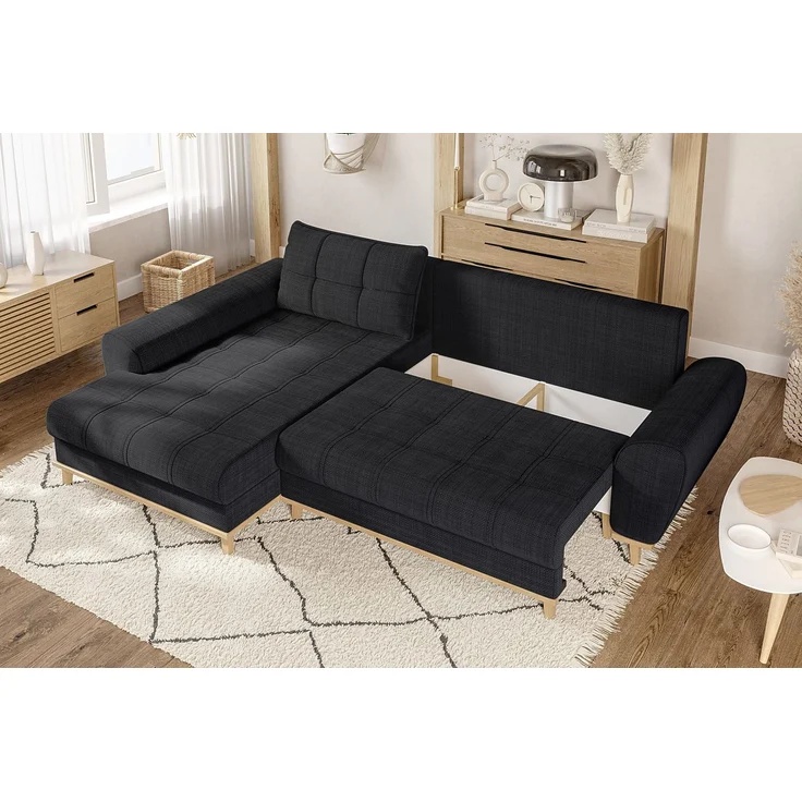 Ecksofa Scandi-Stil Schlafcouch Stauraum Ottomane LI Bouclé Chenille Anthrazit – Bild 4