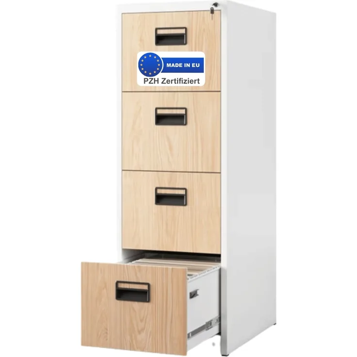 Hängeregisterschrank abschließbar TION - 4 Schubladen mit Schloss | Aktenschrank Büroschrank aus Stahl Metallschrank, 132x46x62cm Weiß-Sonoma Eiche