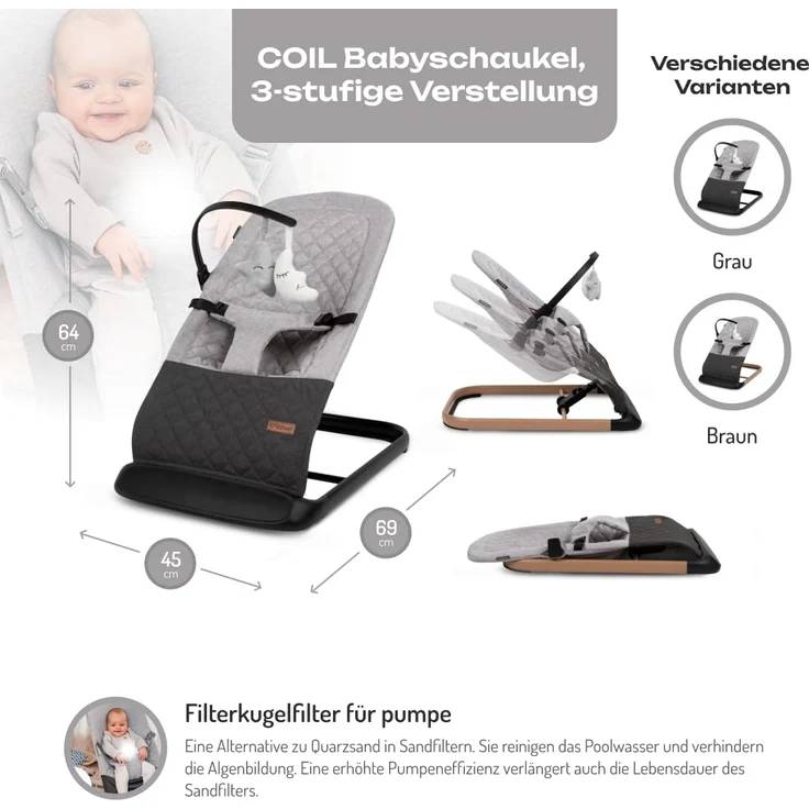 COIL Babywippe – Verstellbare, Ergonomische Baby Wippe ab Geburt bis 9 kg – Tragbare, Schaukelstuhl Baby Babyschaukel mit 3-Punkt-Gurt, Anti-Rutsch-Elementen und abnehmbarem Spielzeug (Schwarz) – Bild 2