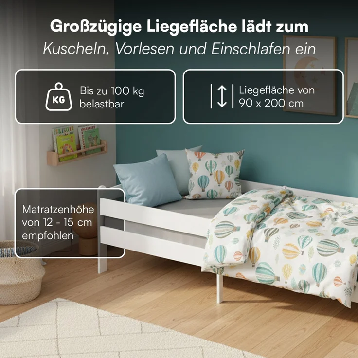 Bellabino 'Kuru' Kinderbett 90x200 cm mit Matratze, weiß, Jugendbett mit Rausfallschutz und Lattenrost – Bild 5
