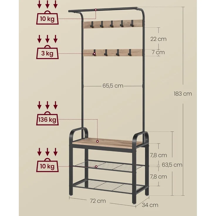 VASAGLE Garderobenständer, Garderobe, mit Schuhbank, 4-in-1 Design, 9 abnehmbare Haken, Kleiderstange, Eingangsbereich, Flur, 33,7 x 72 x 183 cm, Industrie-Design, Kamelbraun -tintenschwarz HSR040K02 – Bild 6