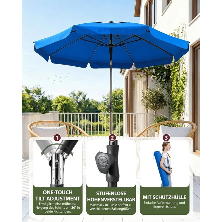 SUNULA Sonnenschirm 180 cm Balkon Balkonschirm mit Schutzhülle Gartenschirm mit Knickbar, Gartenschirm Höhenverstellbarem, UPF 50+ UV-Schutz – Bild 2
