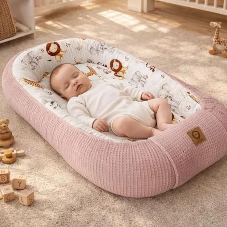 Babynestchen Neugeborene – Nestchen Baby aus Waffel Baumwolle & Baumwollstoff – Babynest für Babybett & Kinderbett – Baby Kokon Tragbar – OEKO-TEX zertifiziert – Zubehör für Babybett - ZOO und Rosa – Bild 2