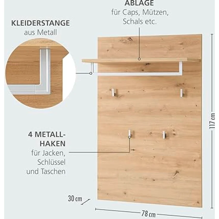 Stella Trading BARI Flurgarderoben Set in Schilfgrün, Artisan Eiche Optik FSC-Zertifiziert - Modernes Garderobenset 4-teilig für Ihren Eingangsbereich - 206 x 202 x 38 cm (B/H/T) – Bild 7