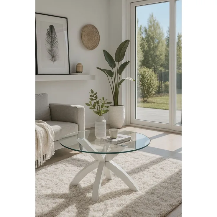 Moderner Couchtisch Ø80 cm – Eiche massiv weiß & runde Glasplatte