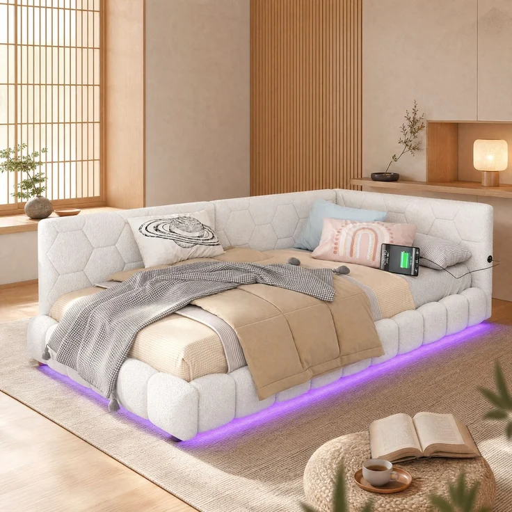 CHICFURN Bett aus Vliesimitat Weiß 90x200 cm mit LED-Beleuchtung und USB- und Type-C-Anschlüssen – Bild 2