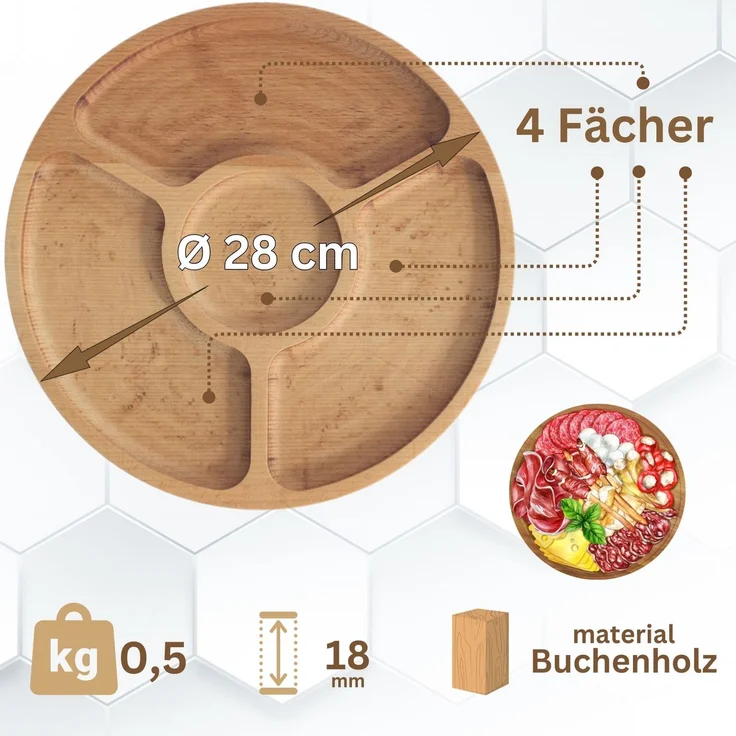 Ø28cm Servierplatte aus natürlichem Holz mit 4 geteilten Fächern, Servierteller von Vorspeisen, Käse und Snacks, Holzplatte Cheeseboard für Fleisch und Käse, Käseplatte, Cheese Board – Bild 2