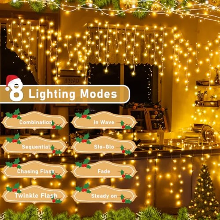 Auriostar Eisregen Lichterkette Außen 12.5M, 486 LED Weihnachtsbeleuchtung Außen mit Timer 8 Modi, IP44 Wasserdicht Eiszapfen Lichterkette Außen Strom für Balkon Fenster Haus Weihnachtsdeko Aussen – Bild 6