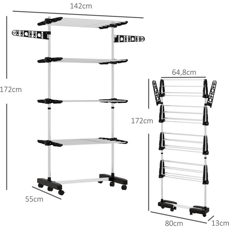 HOMCOM Wäscheständer Turm Standtrockner mit 4 Ebenen, klappbare Flügel, Rollen, für Indoor, Outdoor, Stahl Schwarz 80,142 x 55 x 172 cm – Bild 3