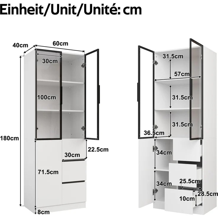 DESVIAE Regal Vitrine Weiß aus PB – 60x180x40 cm – Glastüren, LED-Beleuchtung – Bild 10