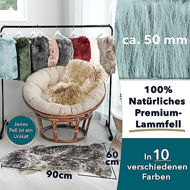 KARAT Lammfell echt - Duck Egg Flauschige Stuhlkissen Schaffell Deko Teppich für Wohzimmer & Kinderzimmer, Sitzauflage, Dekofell, mit Lederrücken 90x60 cm (Audrey) – Bild 7