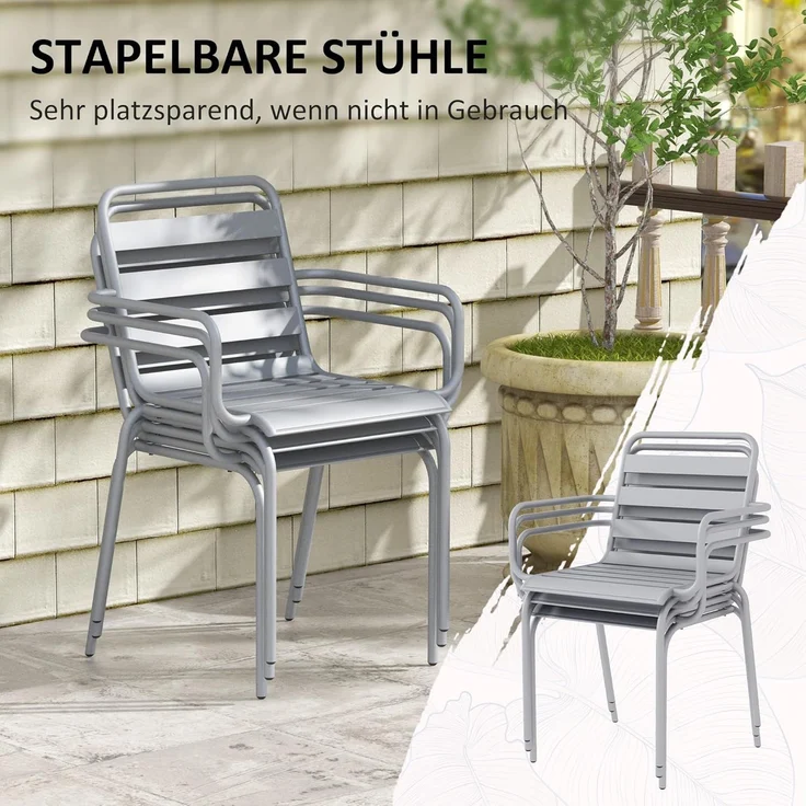 Outsunny Garten-Essgruppe Sitzgruppe mit 1 Esstisch, 6 stapelbaren Stühlen, (Gartengarnitur, 7-tlg, Sitzgarnitur), für Balkon, Terrasse, Stahl, Hellgrau – Bild 3