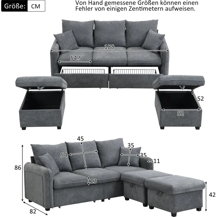 DESVIAE Sofa mit Schlaffunktion, Stauraum und 2 Hockern, Chenille, Dunkelgrau, 188 x 186 x 86 cm – Bild 10
