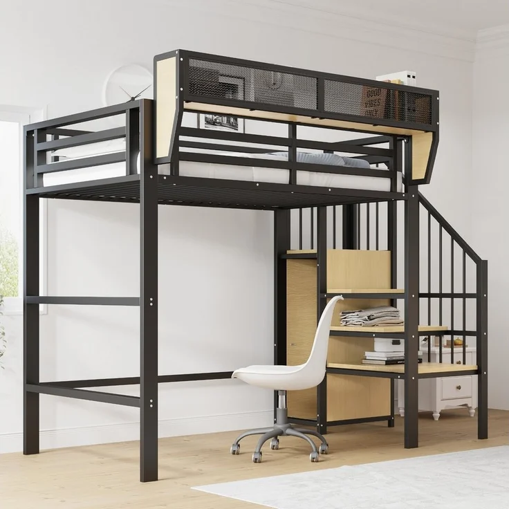 Odikalo Hochbett Kinderbett Metallbett Leiter Fallschutz Staufach 90x200 Weiß/Schwarz – Bild 2