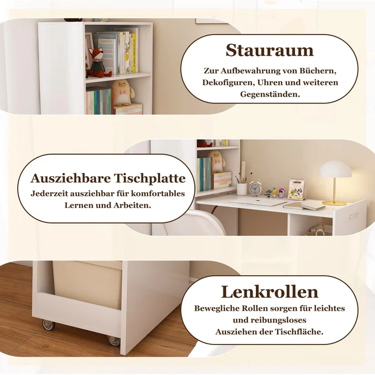 Ausziehbarer Schreibtisch aus MDF mit Stauraumschrank und verstellbaren Ablagen, 126x55x136 cm, Weiß – Bild 7