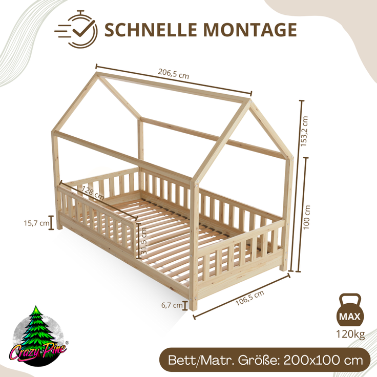 Crazy Pine 'Crazy Blanco' Hausbett mit Rausfallschutz, Skandinavisches Design, Naturholz, Natur, 100x200 cm, mit Höhenverstellbaren Beinen – Bild 2