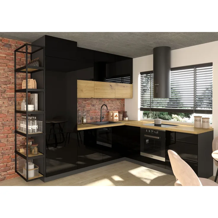 L-Form Küchenzeile FLORENCE Arbeitsplatte 248x245cm lava - schwarz eiche artisan Teilauszug