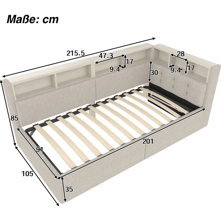 Stauraumbett mit LED-Beleuchtung, Lattenrost, Stauraum, Regal, USB und Type-C Anschlüssen, 90x200cm, Polsterbett, Einzelbett, Schlafsofa, Leinen – Bild 7