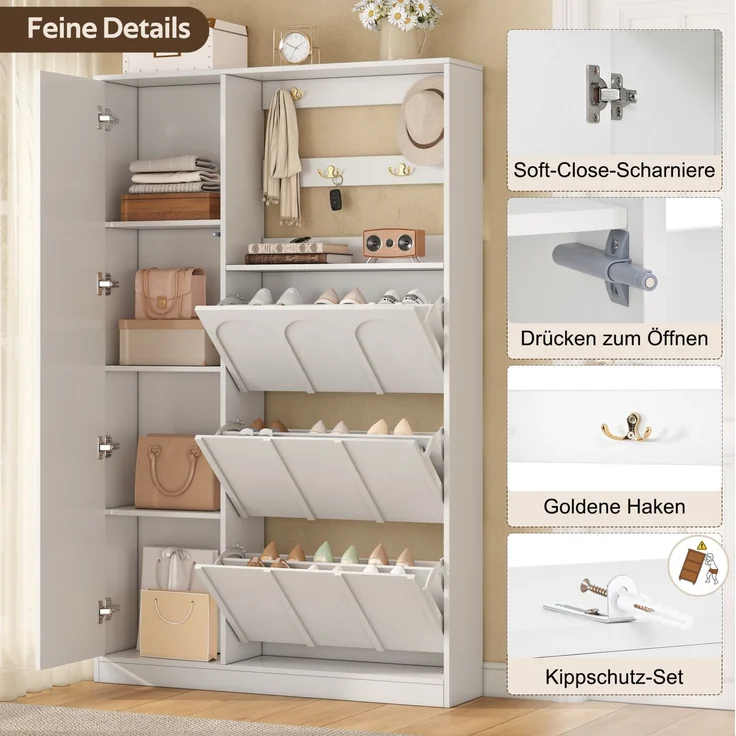 Garderobenschrank aus MDF mit Spiegel und 3 Schuhklappen, 100x24x164 cm, Weiß – Bild 8