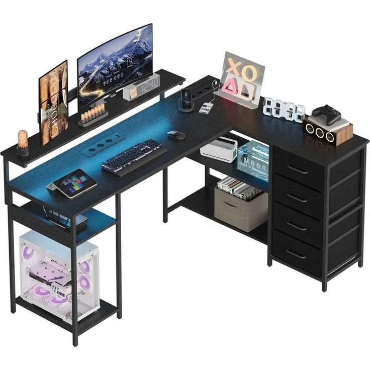 BBWL Computertisch mit Monitorständer, Steckdosenleiste, zweilagiger Ablage, 4 Stoffschubladen, für Büro und Homeoffice – Bild 1