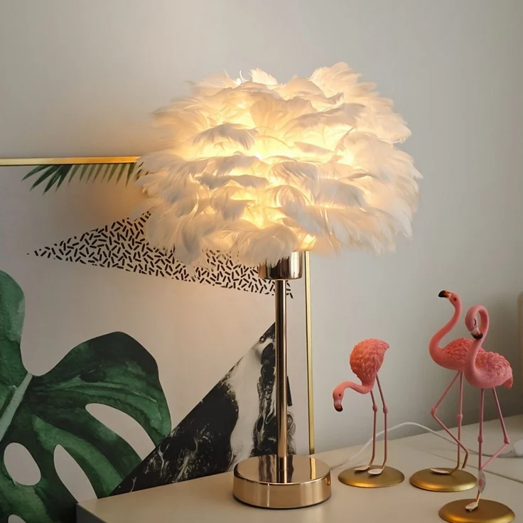 JDONG Tischleuchte Weiße kunstliche Feder, Deko Lampe Wohnzimmer 30/35cm, E27, 3000K Warmweiß, Nachttischlampe mit goldenem Sockel, Feder-Tischleuchte – Bild 2