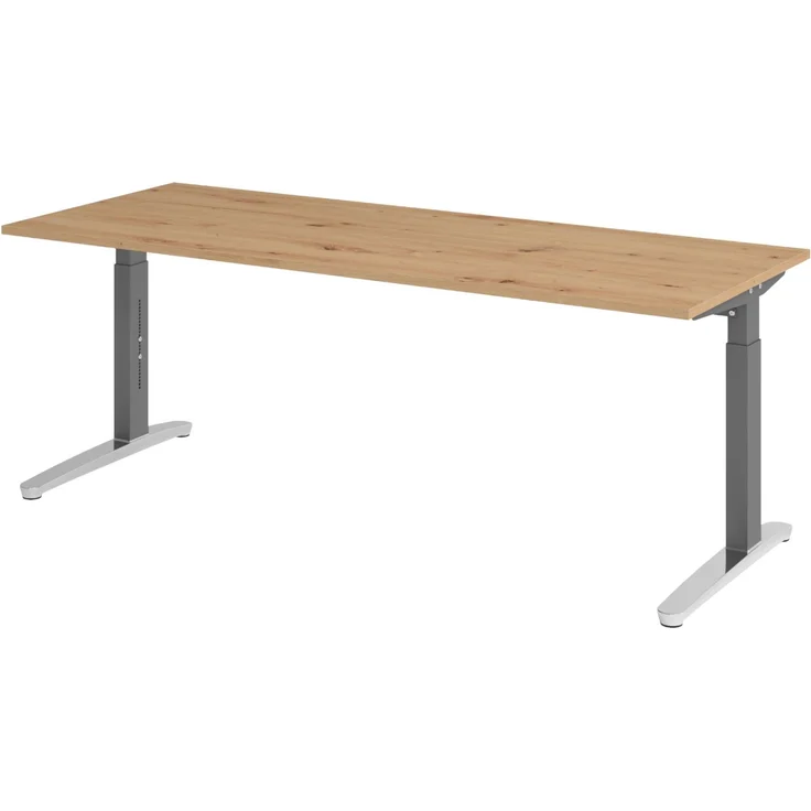 bümö manuell höhenverstellbarer Schreibtisch 200x80 in Asteiche, Gestell in graphit/alu - PC Tisch höhenverstellbar & groß, höhenverstellbarer Tisch Büro, großer Computertisch verstellbar, X20-R-GC – Bild 1