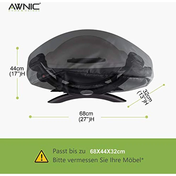 Awnic Grillabdeckung für Q100 / Q1000 Serie, wetterfest, reißfest, 420D-Oxford-Gewebe schwarz, 68 x 44 x 32 cm – Bild 3