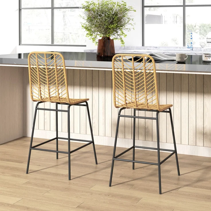 2er Set Barhocker mit Lehne Barstühle im Boho-Design, PE-Rattan, inkl, Fußtstütze, 42,5 cm x 52 cm x 102 cm, Gelb + Schwarz--Gelb--42.5x52x102cm--YOUDENOVA – Bild 2