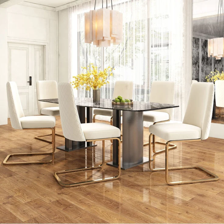 Esszimmerstuhl 2er-Set 88×52×45 cm – Samt in Beige mit diamantförmiger Rückenlehne und Metallbeinen – Bild 2