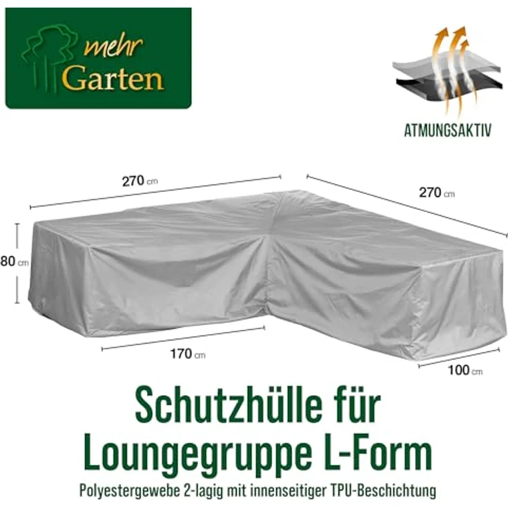 Mehr Garten Premium Protect Lounge Abdeckung L-Form, 270x270x80 cm, hellgrau, wasserdicht, UV-beständig und atmungsaktives 2-lagiges Polyestergewebe – Bild 2
