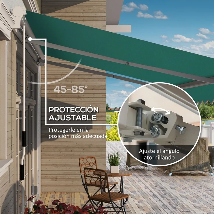 Manuelle Markise 395 x 245 cm mit Kurbel, für Balkon, Terrasse oder Patio, aus Aluminium und 280 g/m² Polyestergewebe, UV-beständig, grün – Bild 6