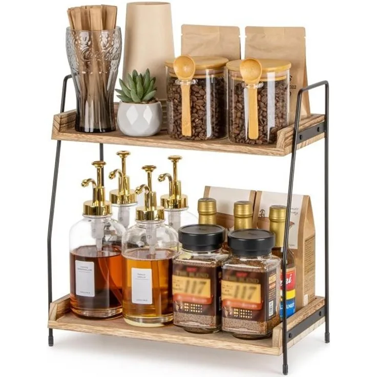 TUWENA Gewürzregal 2 Etage Gewürzregal, Kaffeeregal aus Holz, Küchenregal Arbeitsplatte