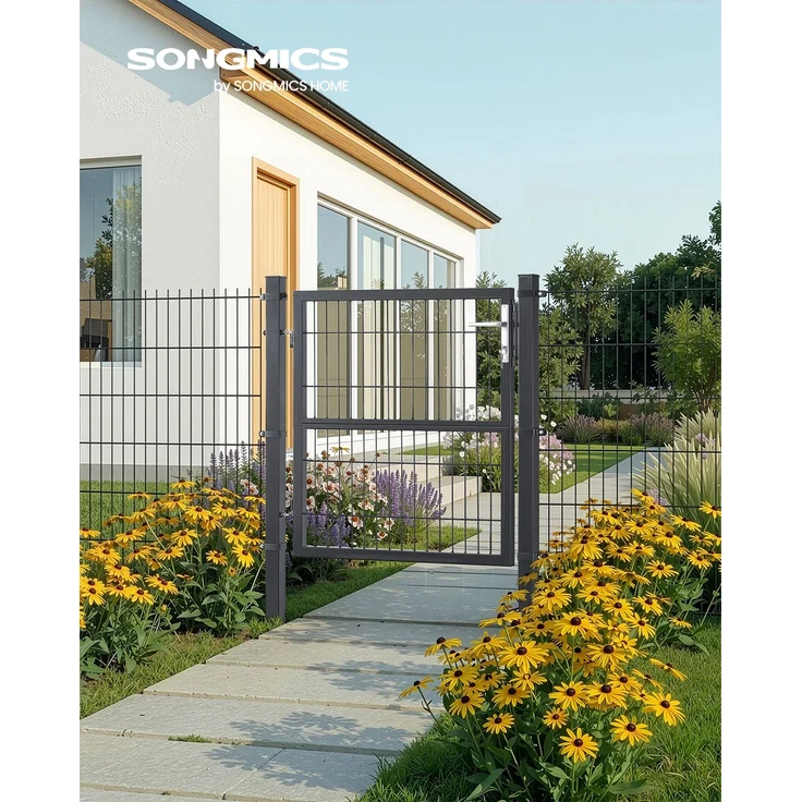 SONGMICS Gartentor, Gartentür, verzinkter Stahl, Zauntor, Hoftor, abschließbar, rechteckiges Rohr, Tür 106 x 100 cm (B x H), grau – Bild 2