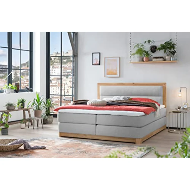 Belanoti Boxspringbett Age (Boxspringbett 180x200 Eiche 7-Zonen Taschenfederkern Matratze, inkl Visco Topper Bett 180x200 in der Farbe Hellgrau H2/H3 Polsterbett), Hotelbett mit Massivholz Eiche Massivholzbett – Bild 2