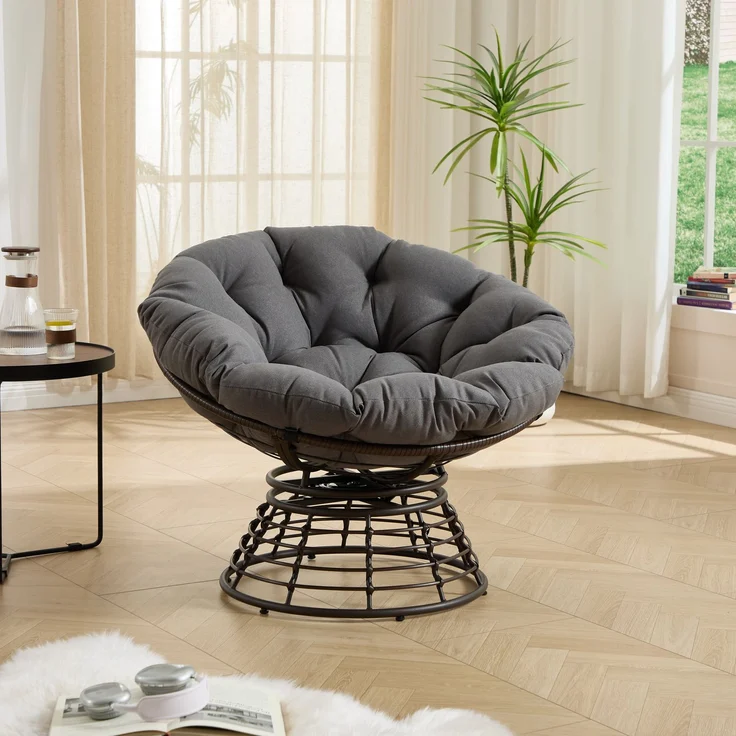 Bequemer, ergonomischer Papasan-Sessel aus Rattan, 360° drehbar, für drinnen und draußen, mit weichem, dickem Kissen, ideal für Wohnzimmer, Schlafzimmer und Leseecke, braunes Gestell mit grauem Kissen – Herde – 66 x 63 x 43 cm – YOUDENOVA – Bild 1