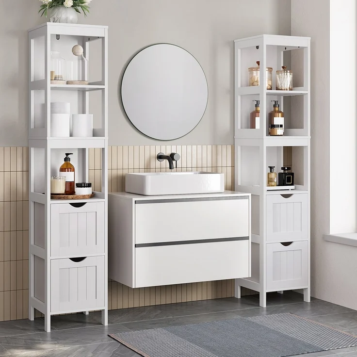 Vasagle Badezimmerschrank mit 2 Schubladen und 3 offene Fächer, MDF, 30 x 30 x 141,5 cm, Weiß – Bild 9