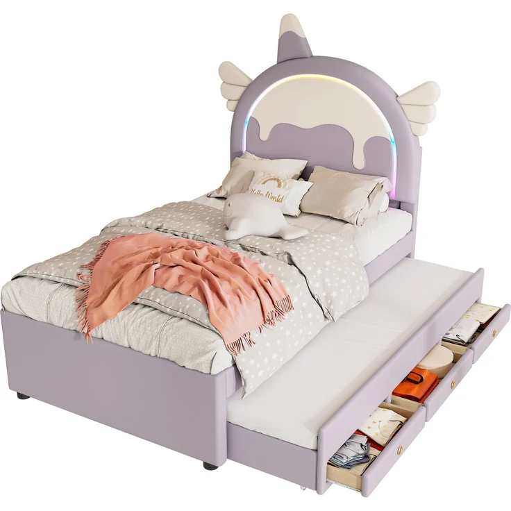 ViolettKinderbett 90x200 cm in Einhornform mit ausziehbarem Rollbett und Schubladen,Cartoon Bett violett,süßes Einhornbett mit stabilem Rahmen – Bild 7