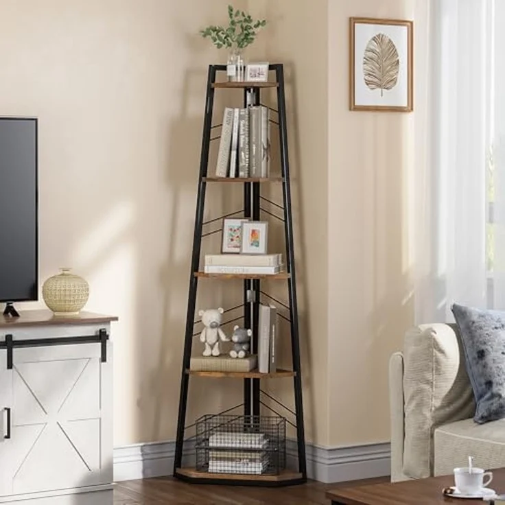 YITAHOME Eckregal, 5-stöckiges Leiterregal, Industrielles Bücherregal, Bodenstehendes Regal, Offenes Standregal aus Holz, für Wohnzimmer, Flur, Schlafzimmer, Home-Office, Vintagebraun Lagerregal – Bild 6