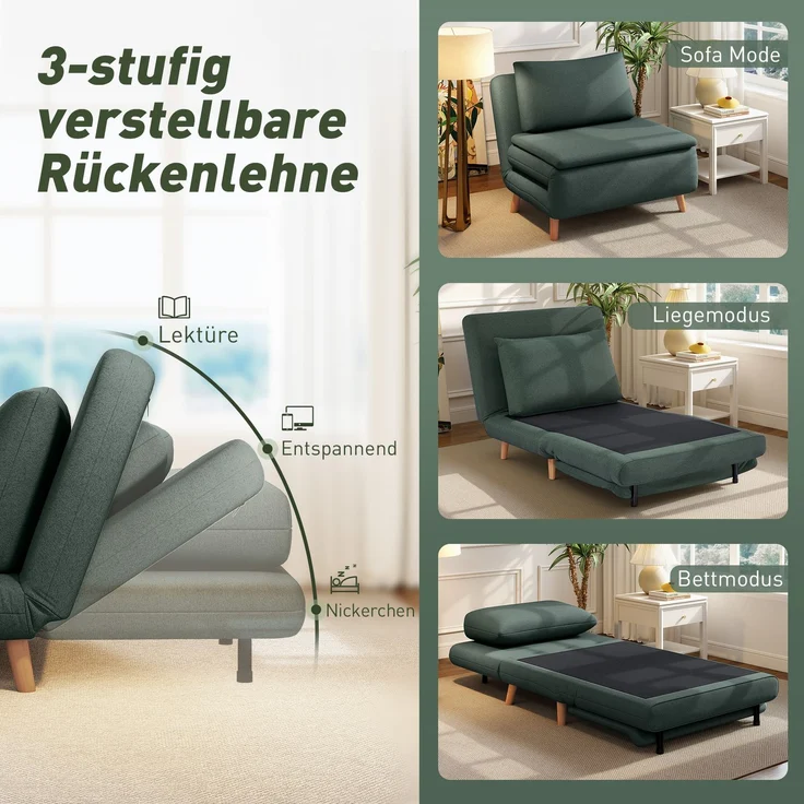 MELAYR, 3-in-1 Schlafsessel mit Bett-Funktion, Liegesessel, verstellbare Rückenlehne, 95 x 90 x 80 cm, Dunkelgrün – Bild 6
